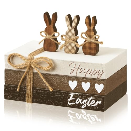 6 Pcs Easter Tiered Tray Decor Wooden Farmhouse Faux Stacked Books Easter Bunny Rabbit Decorative Table Centerpiece Block Signs for Party Home Kitchen Dining Table Decor - size: Happy Easter