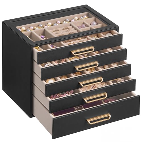 SONGMICS 5-Layer Jewelry Box with Glass Window, 5 Drawers, Golden Handles - color: Black, size: 5-Tier