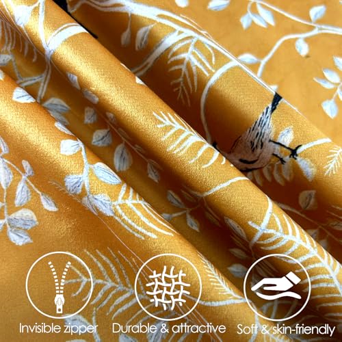 Decorative Velvet Pillow Covers 18x18 Set of 2, Bird Leaf Print Covers - color: Ochre