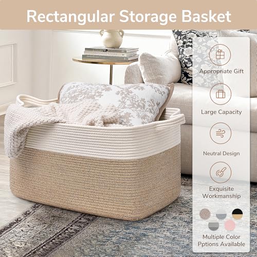 Goodpick Large Woven Rope Blanket Basket, Rectangle, White & Light Brown - color: White & Light Brown, size: Large(21.6"L x 14.9"W x 11.8"H)