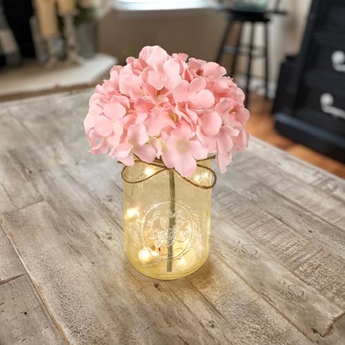 Set of 3 Mason Jar Lights, Pink Hydrangea Holiday Table Decor - color: Jar-pink Hydrangea