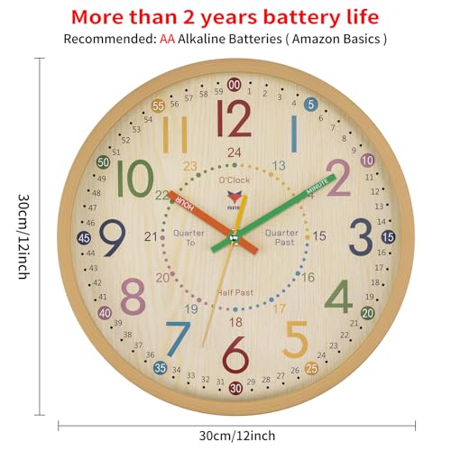 Foxtop Learning Clock for Kids - Telling Time Teaching Clock 12 Inch Silent Non-Ticking Battery Operated Kids Wall Clock for Kids Room Playroom Nursery Classroom School - color: Multicolor 24 Hour