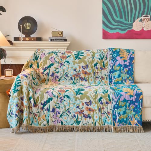 Boho Throw Blanket, 100% Soft Cotton Floral Quilt, Throw 50"x 60" - color: Wildflowers, size: Throw 50"x60"