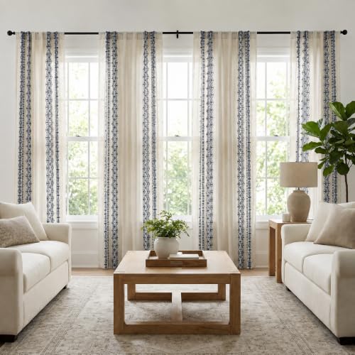 Deconovo Floral Linen Sheer Curtains 84 Inch Long for Living Room 2 Panels - color: Blue/Diamond Wave/Back Tab, size: 50"W x 84"L (Pack of 2)