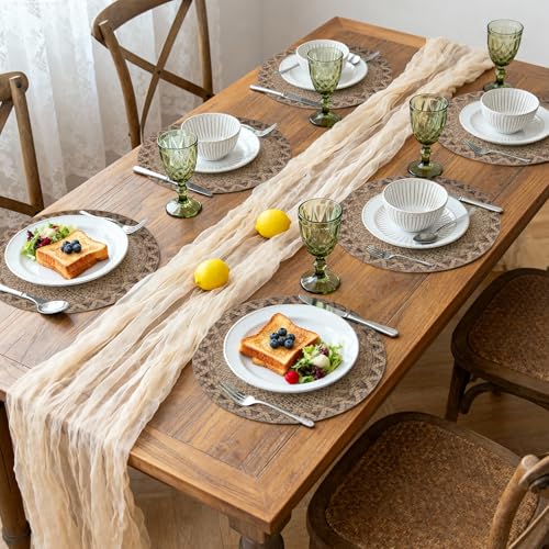 fanquare Coffee 15" Round Burlap Placemats for Dining Table, Set of 6 Jute Woven Table Mats with Braided Wave Rim, Heat Resistant Rustic Boho Chargers - color: Coffee