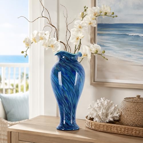 20" Tall Hand Blown Glass Vase – Pretty Ruffle Wide Mouth Decorative Flower Vase, for Modern Home Decor, Ideal Centerpiece for Living Rooms, Wedding & Home Decor - color: Blue, size: Large