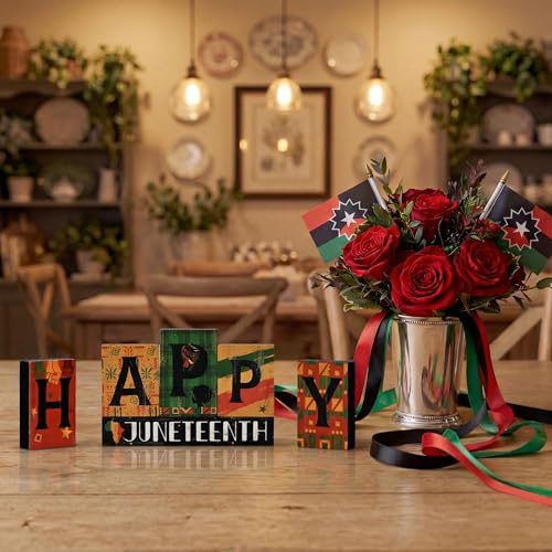 Smile Juneteenth HAPPY Wooden Desktop Decor - 6 Piece African American Black Pride Table Signs - Home Office Shelf Accents - Black History Month Gifts for Men, Women - style: Letter Juneteenth