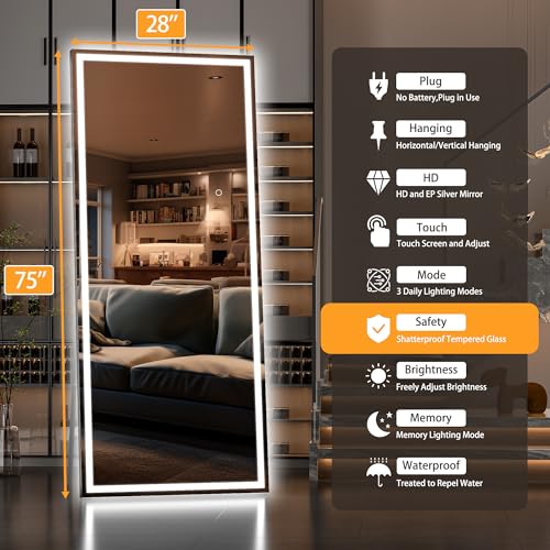 Hasipu Full Length Mirror with Lights, 75" x 28" LED Lighted Floor Standing, Full Body Dressing Hanging Mounted Mirror, Tempered Glass, Square Black - color: Black, size: 75"L x 28"W