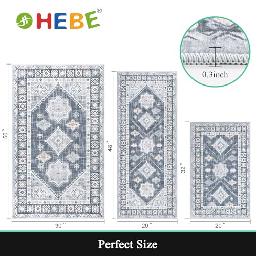 HEBE Boho Kitchen Rugs Set of 3, Non Slip Washable Kitchen Mats for Floor - color: Ash Blue, size: 20"x32"+20"x48"+30"x50"