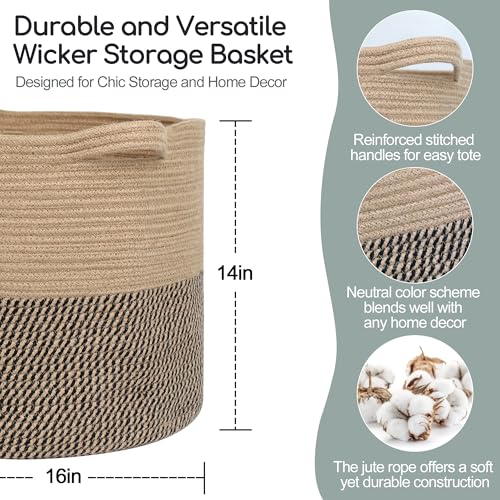 MEGASKET Large Wicker Storage Basket, 16" x 14" Woven Baskets for Storage, Blanket Storage for Living Room, Big Round Wicker Bin for Laundry, Pillows, Towels, Shoes, Dog Kids Toy Box, Home Decor - color: Jute & Black Stripes, size: 16"D x 14"H