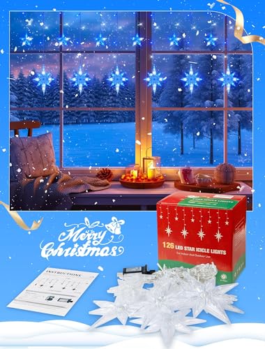 Star Icicle Lights Outdoor,126 Led 12 Star Hanging String Light - color: Blue White