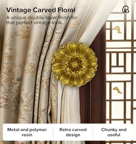 Remunkia Curtain Holdbacks, Gold Curtain Holdbacks Vintage, Curtain Tiebacks Wall Mounted, Classic and Useful Curtain Hooks for Wall, Window Treatment Holdbacks (Daisy Gold, Set of 2) - color: Daisy, Gold