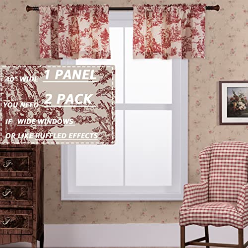 Red and Cream Beige Valance Curtains for Kitchen Windows,Country Farmhouse Style Vintage Toile de Jouy Printed Pattern on White Cotton Fabric Floral Valances for Living Room Bedroom,18 Inch Length - color: Red