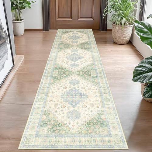 MUJOO Washable Runner Rug 2x8 Area Rugs Low Pile Non Slip Green and Blue - color: Green and Blue, size: 2' x 8' (Rectangular)