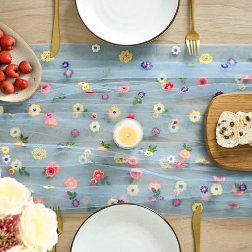 Artoid Mode Sky Blue Floral Gauze Embroidery Table Runner 120 Inch 10FT - color: Blue, size: 27" x 120"