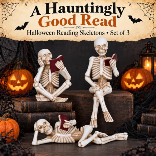 3 Piece Halloween Indoor Decor Figurines Sitting Skeleton Statue Halloween Decorations mini Reading Skull Figurine Home Decor for Living Room Table Shelf Ornament
