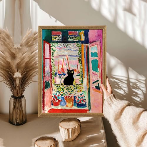 Fantasy Artists Henri Matisse Cat Wall Art, Framed Open Window Black Cat Canvas Poster Prints, Abstract Aesthetic Wall Decors for Living Room, Oil Paintings for Room Bathroom Decorations 12" X 16" - color: The Open Window, size: 16"L x 12"W
