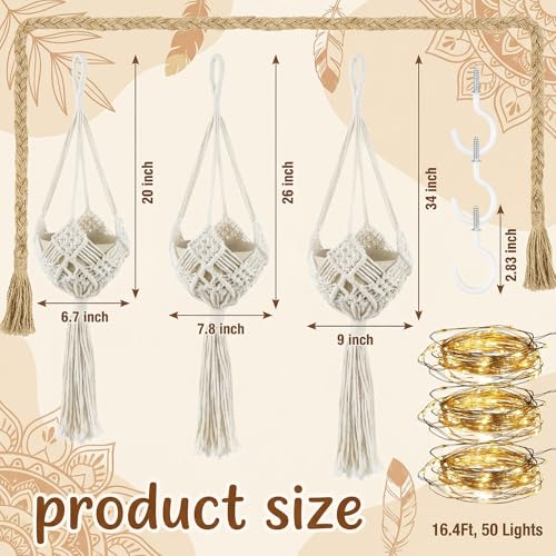 3 Sets Macrame Plant Hanger Kit Crochet Plant Hangers with Lights and Hooks