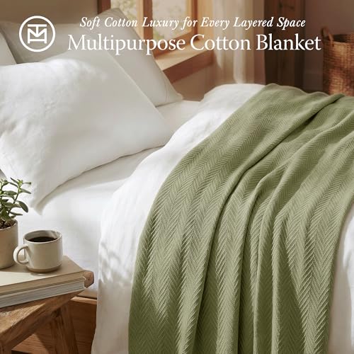 Threadmill Luxury 100% Cotton King Herringbone Blanket, Moss Green - color: Moss Green, size: King (106" x 92")