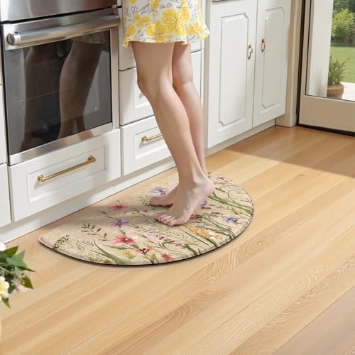 KIMODE Kitchen Mat Cushioned Anti Fatigue, Half Moon Floral Kitchen Rug - color: Floral/Brown, size: 28"L x 18"W x 0.5"Th (Semicircular)