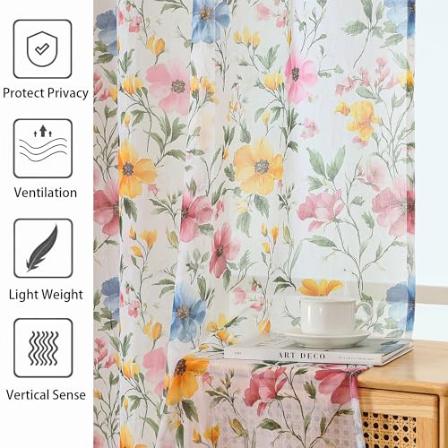 OWENIE Floral Sheer Curtains for Living Room - Printed Pink Farmhouse Soft Airy Light Filtering Crinkle Crushed Semi Short Sheer Curtains for Small Window, (2 Pcs Each 42" W x 45" L) - size: 42"W x 45"L (Pack of 2)