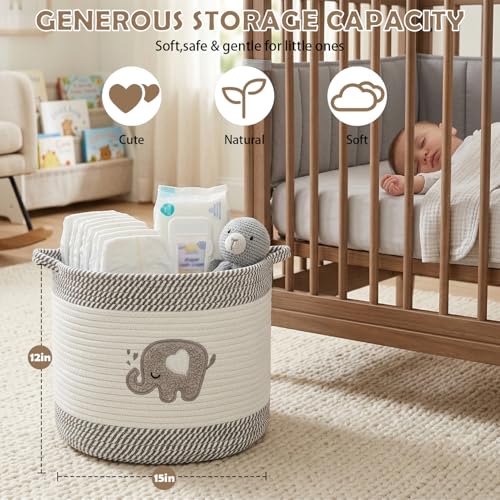 Baby Laundry Basket for Nursery, Large 15”x12” Elephant Storage Baskets - color: Elephant