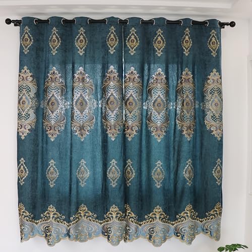 SLOW SOUL Set of 2 Panels Exquisite European 90% Blackout Curtains Golden Floral Embroidered Velvet Curtain for Living Room Bedroom Dining Room with Grommet Top Blue Cloth 48W X 84L inch Length - color: Blue Cloth, size: 48"W x 84"L (Pack of 2)