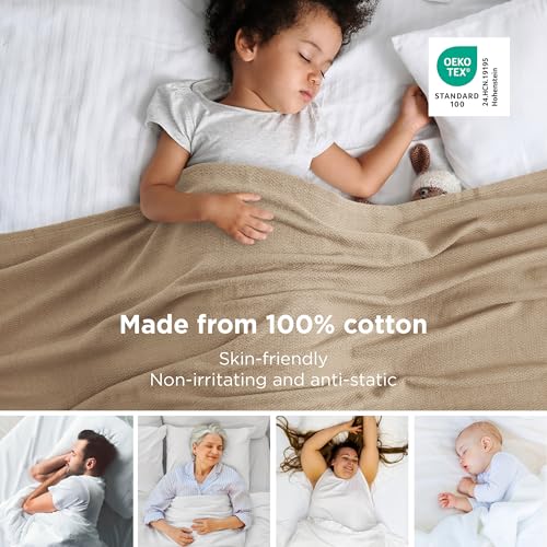 Bedsure 100% Cotton Blanket, Herringbone Weave, Twin-XL, Light Brown - color: 00 - Light Brown, size: Twin XL