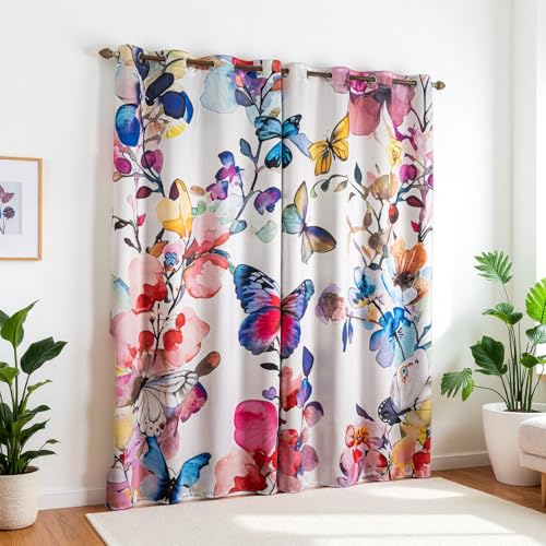 Pink Floral 100% Blackout Curtains 63 inch Length 2 Panels Black Out Drapes Colorful Butterfly Vintage Flower Pattern Thermal Insulated Window Treatment Curtain for Bedroom Living Room 52 x 63 Inch - color: Colorful, size: 52"W x 63"L (Pack of 2)