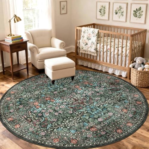 Boho Round Rug 5ft, Washable Black Green Floral Bedroom Circle Rug - color: Black / Multi, size: 5' (Round)