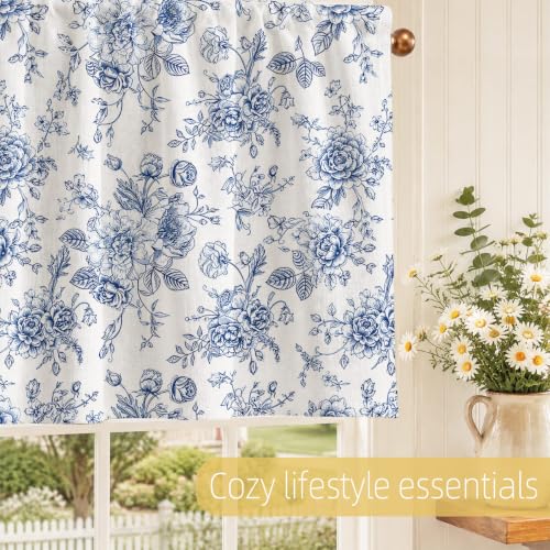 Blue Floral Blackout Window Valance Curtain, Toile Flower Valances - color: Flower 5, size: 52"W x 18"L (Pack of 1)