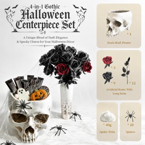 4 in 1 Gothic Halloween Skull Planter Centerpiece Table Decor Set