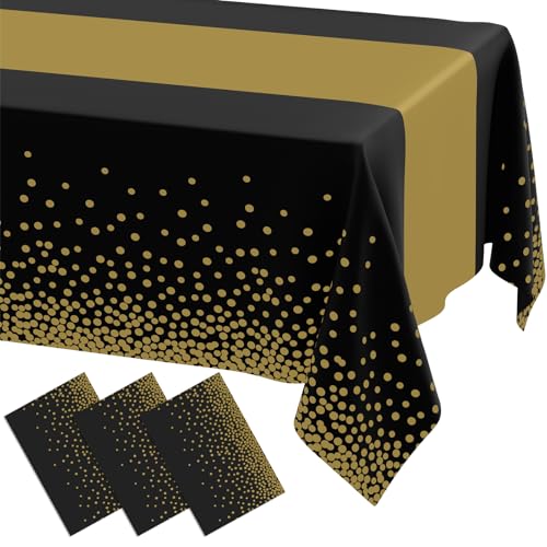 Smiry Disposable Rectangle Plastic 54 x 108 Inch Table Cloth 3 Pack - color: Black and Gold