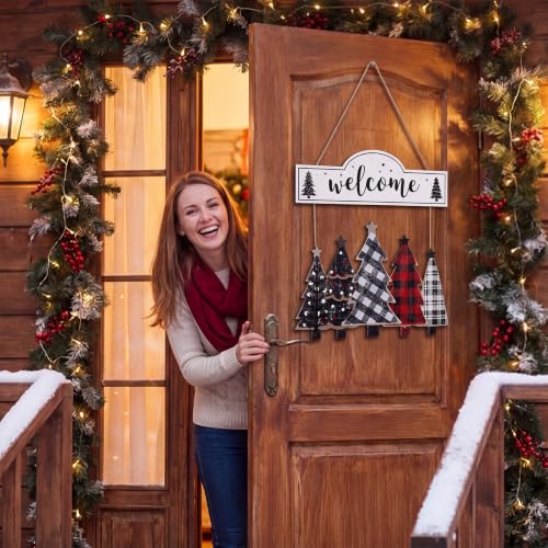 Soaoo Farmhouse Christmas Door Sign Buffalo Plaid Tree Wood Wall Hanger - style: Farmhouse