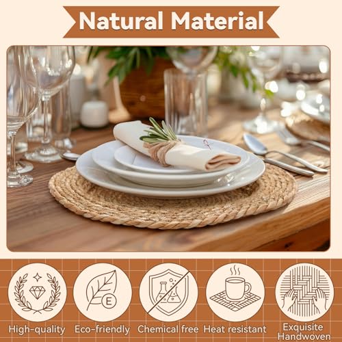 LemonRoad 13 Inch Boho Placemats Set of 6 Large Round Farmhouse Chargers Plate Mats Cattail Weave Woven Table Mats for Dining Plates Rustic Home Kitchen Wedding Party Table Decor - color: Natural Color
