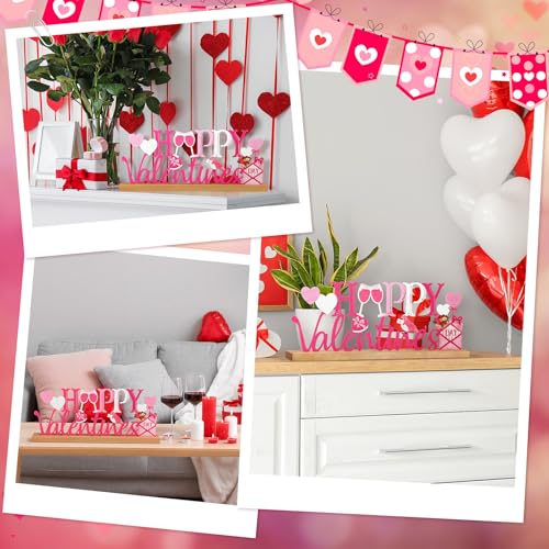 MiniInflat Happy Valentine's Day Metal Sign Valentines Heart Table Centerpiece Valentine's Tiered Tray Decor Pink and White Sign with Wood Base for Home Office Tabletop Mantel Shelf Fireplace Desktop - style: Happy Valentines