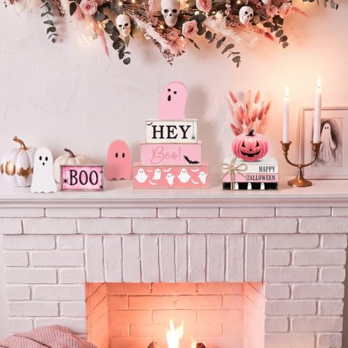 11 Pcs Halloween Table Decoration Pink Ghost Wooden Tiered Tray Decor Halloween Table Centerpiece Wooden Signs for Spooky Season Ghost Party Haunted Home Kitchen Shelf - style: Pink Ghost