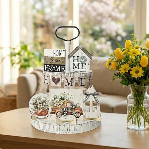 Smile 9pcs Indoor Wooden Decor, Truck Floral Home Sweet Home Rustic Farmhouse Tiered Tray Set Home Decor for Kitchens (Without Trays) - style: Retro