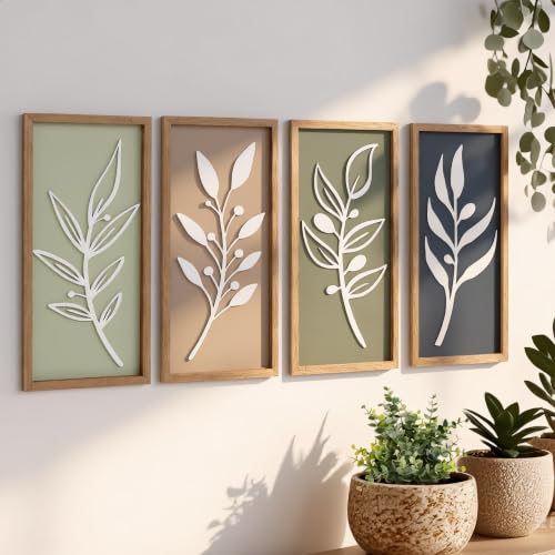 3D Tree Leaf Wooden Framed Boho Wall Art (Set of 4) - color: Multi Colors, size: 7"X16"