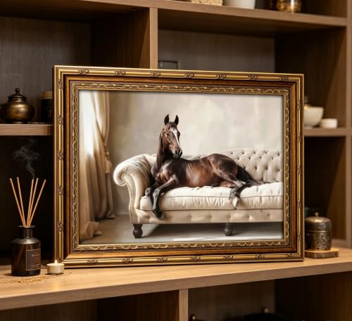 Vintage Gold Framed Horse Wall Art Whimsical Brown Horse On Couch Painting Canvas Casual Funny Animal Picture Wall Decor Western Rustic Farmhouse Print Artwork For Living Room Bedroom Home Decoration - color: Horse, size: 11"L x 9"W