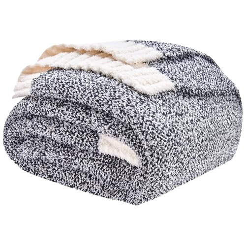 CozeCube Reversible Knitted Throw Blanket, Black White Melange 50"x60" - color: M-jet Black, size: 50"x60"