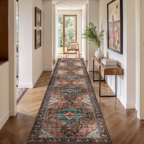 Ciicool 2x12ft Long Non-Slip Back Washable Runner Rugs for Hallways Bedside - color: Brick Red/Dull Teal, size: 2' x 12' (Runner)