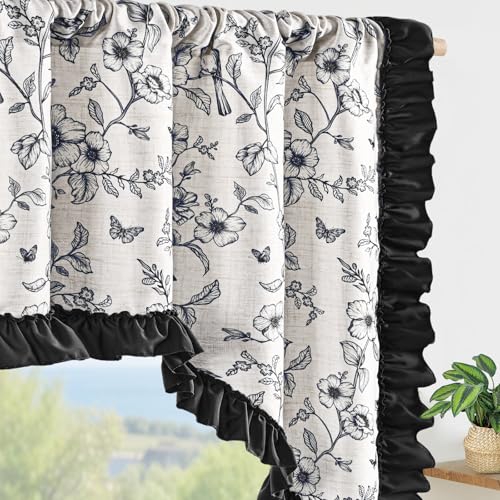 Yinhua Floral Valances for Windows, French Country Ruffle Swag Curtains, Linen Light Filtering Window Valances Rod Pocket Kitchen Curtains Valance for Living Room, 60" W x 36" L, 1 Panel, Black - color: Black, size: 60"W x 36"L (Pack of 1)