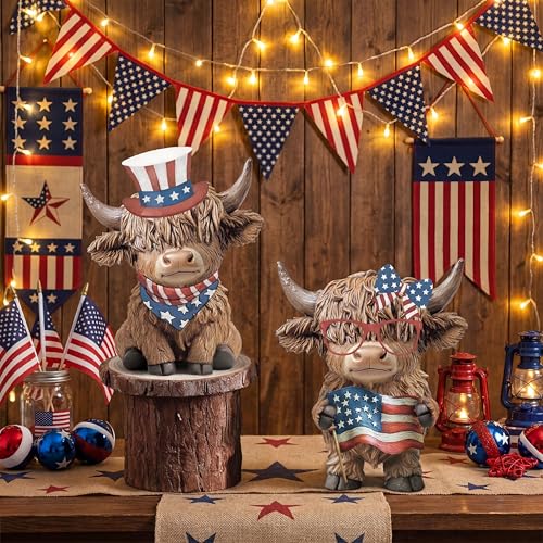 Karenhi 2 Pcs 4th of July Highland Cow Figurines Resin Tabletop Decor - style: 4th of July