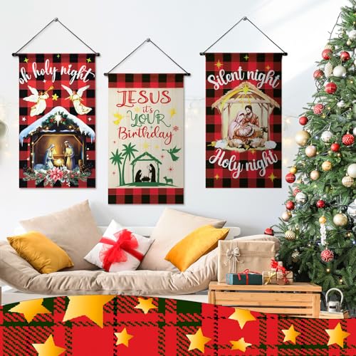 Tegeme 3 Pcs Nativity Christmas Door Sign Flag Christmas Holy Night Door Banner Jesus Nativity Flag 12 x 19 Inch Holiday Hanging Decoration for Home Outdoor - style: Xmas