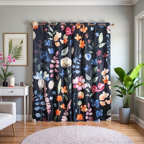 Floral Blackout Curtains 84 inch length 2 Panels Set Rustic Vintage Flowers Botanical Leaf Print Patterned Black Out Curtains Thermal Insulated Darkening Window Drapes for Bedroom Living Room 52x84 in - color: Black Colorful, size: 52"W x 84"L (Pack of 2)