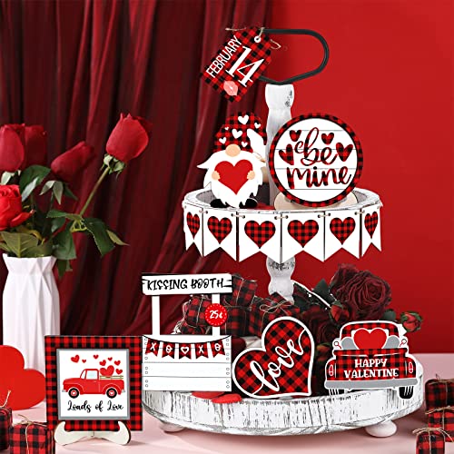 12 Pieces Valentine's Day Tiered Tray Decor Buffalo Plaid Table Wooden Sign Decorations Gnome Tabletop Heart Signs Be Mine Love Decor for Valentine's Day Party Home Kitchen Holiday(Plaid Heart) - style: Plaid Heart