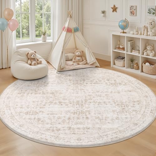 Round Area Rug for Living Room: 4ft Boho Washable Rug Beige Brown - color: Beige Brown, size: 4' (Round)