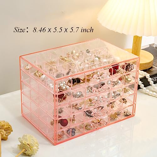 YUFONG Earring Storage Box Organizer 5 Drawers with 120 Small Compartments - color: Clear Pink