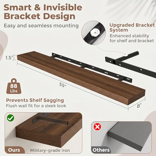 55 Inch Floating Shelves for Wall, 8"D Wood Storage Shelves, Walnut Finish - color: Walnut, size: 55 Inch